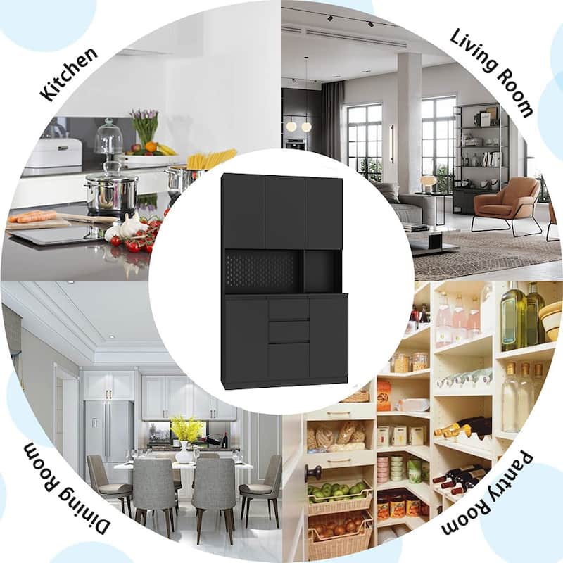 74" Freestanding Kitchen Pantry Cabinet w/Drawers, Storage Microwave - W43.66*D15.74*H74.00