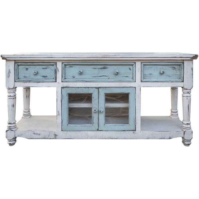 HomeRoots 70" Blue and White Solid Wood Open shelving Distressed TV Stand - 70' X '34.75' X '19