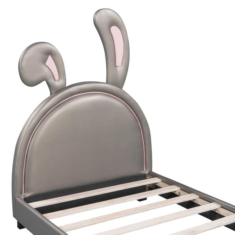 Twin Size Upholstered Leather Platform Bed with Headboard Ornament for Kids