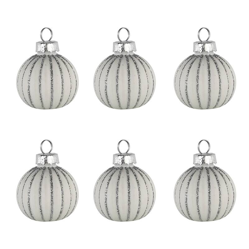 Glitter Striped Glass Christmas Ornament Place Card Holders - 2" - White - Set of 6