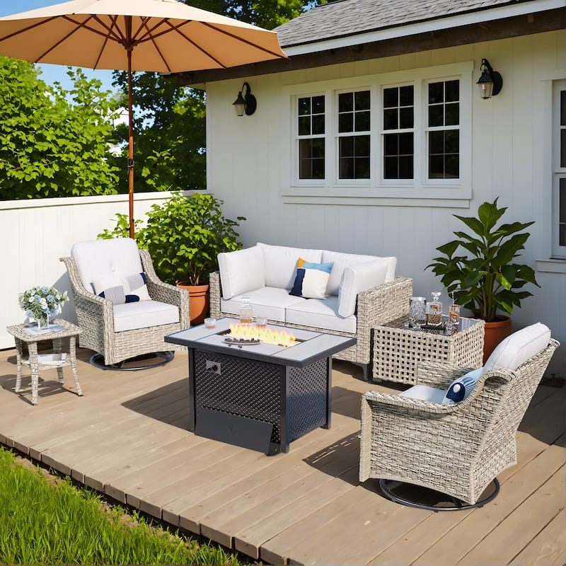 OVIOS 7 Pieces Outdoor Wicker Furniture Set With Solar-Powered Coffee Table&Fire Pit - Grey