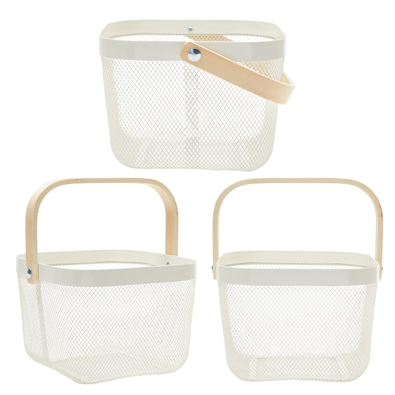 4 Pack Mesh Fruit Basket with Wooden Handles, Square, White, 9.5 x 9.5 x 7 In