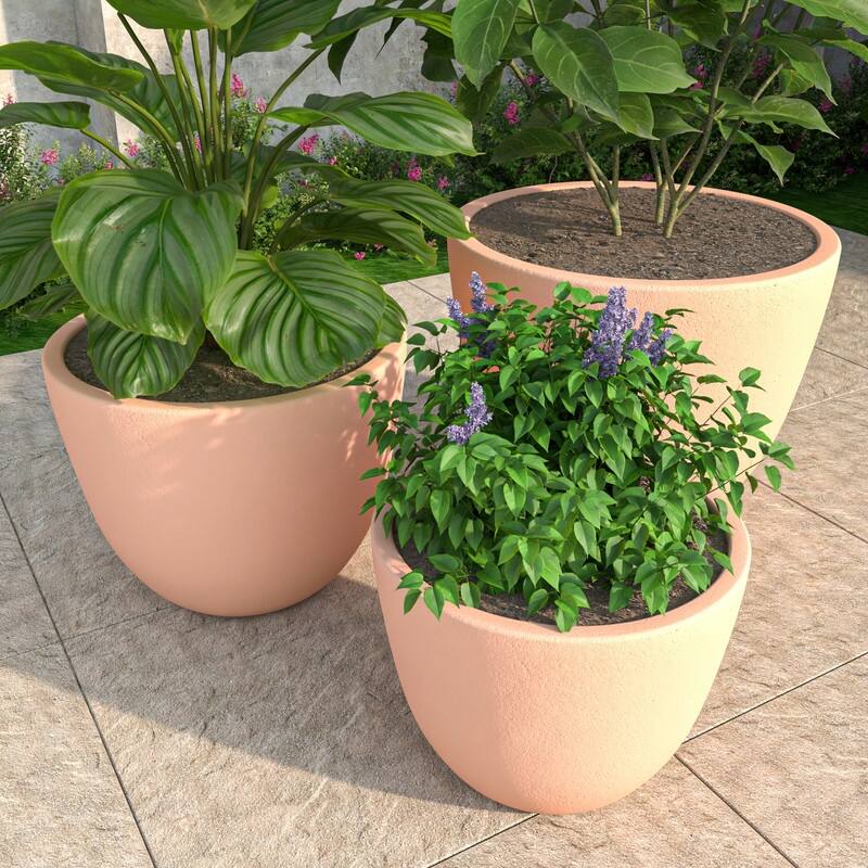 Dahlia 3-Piece Modern Round Planter Set, Durable Fiberstone & Clay Pots for Indoor & Outdoor Plants