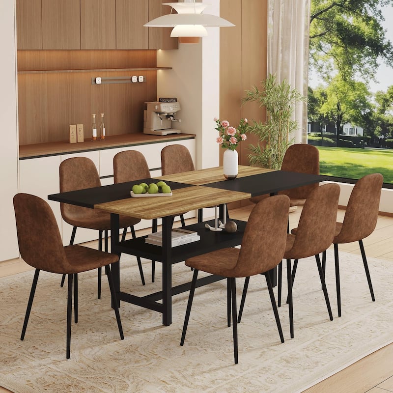 Modern Dining Table Set with Storage and 8 Fabric Chairs Wood Metal Design - Black,Brown,Wood