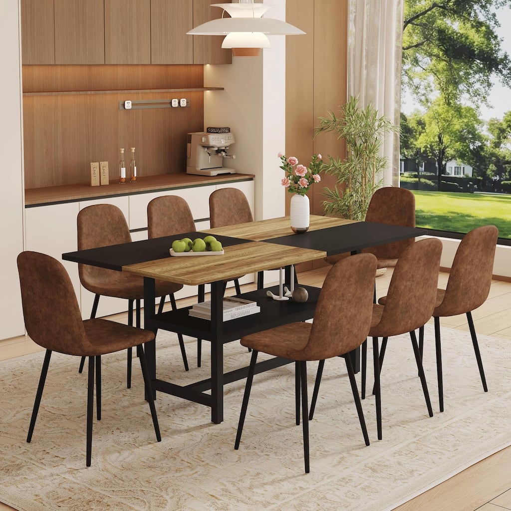 Modern Dining Table Set with Storage and 8 Fabric Chairs Wood Metal Design