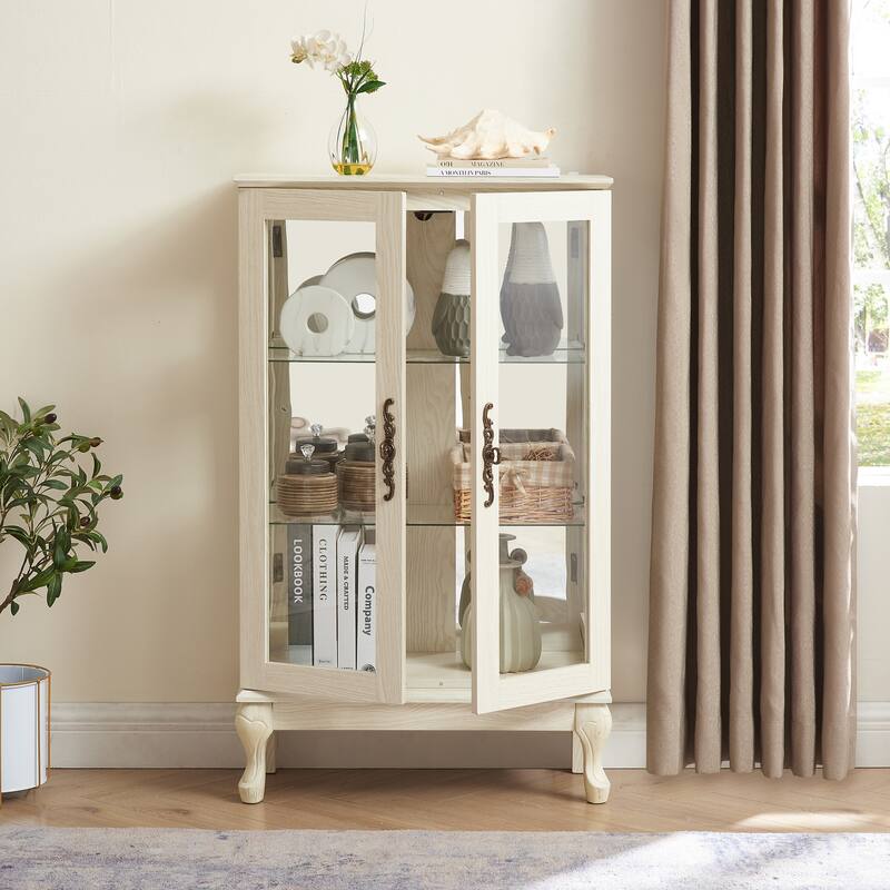 Lighted Display Cabinet with 2 Tempered Glass Doors and Adjustable Shelves