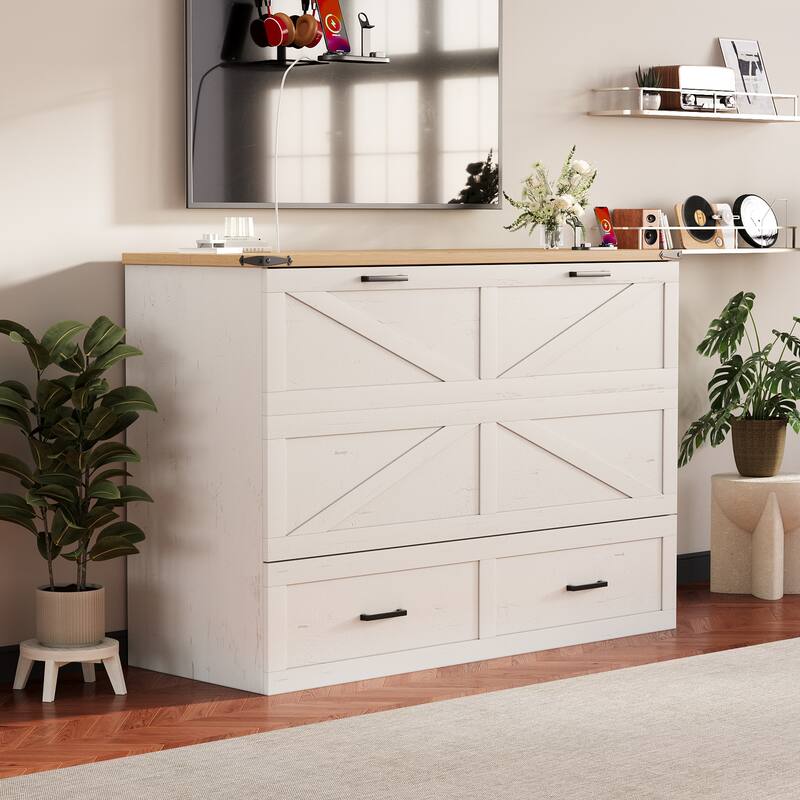 Queen Murphy Bed with Charging Station, Farmhouse Murphy Cabinet Bed with Large Storage Drawer, Hideaway Foldable Platform Bed