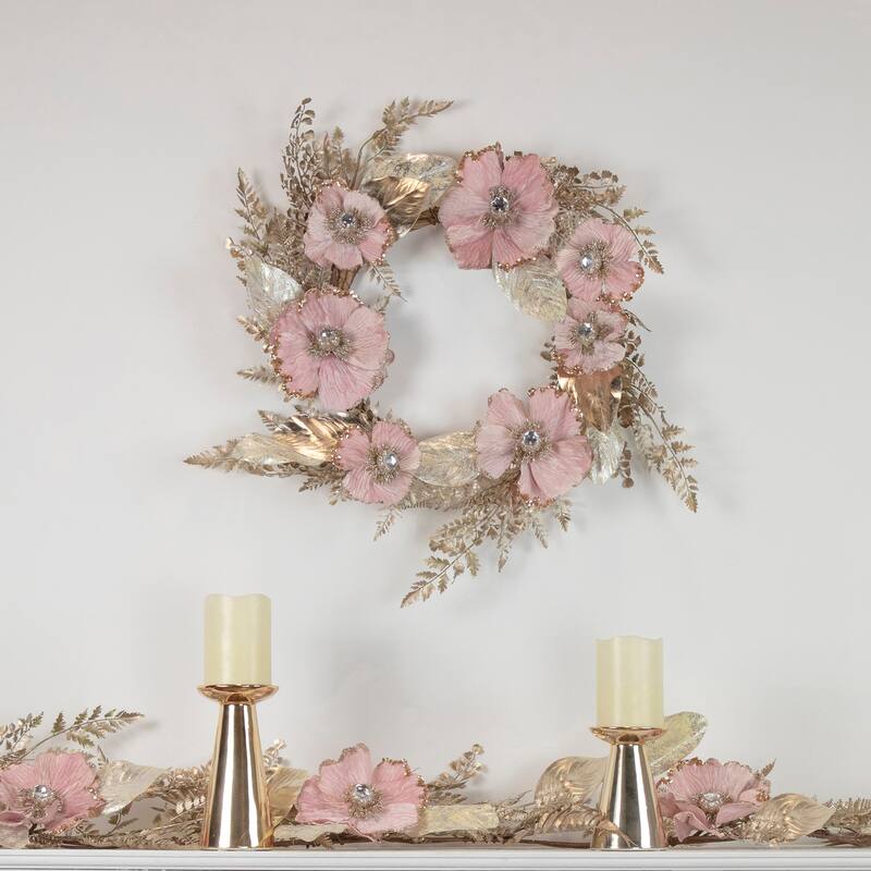 Poppy and Fern Artificial Christmas Garland - 5' x 10" - Champagne Gold and Pink - 5' x 10"