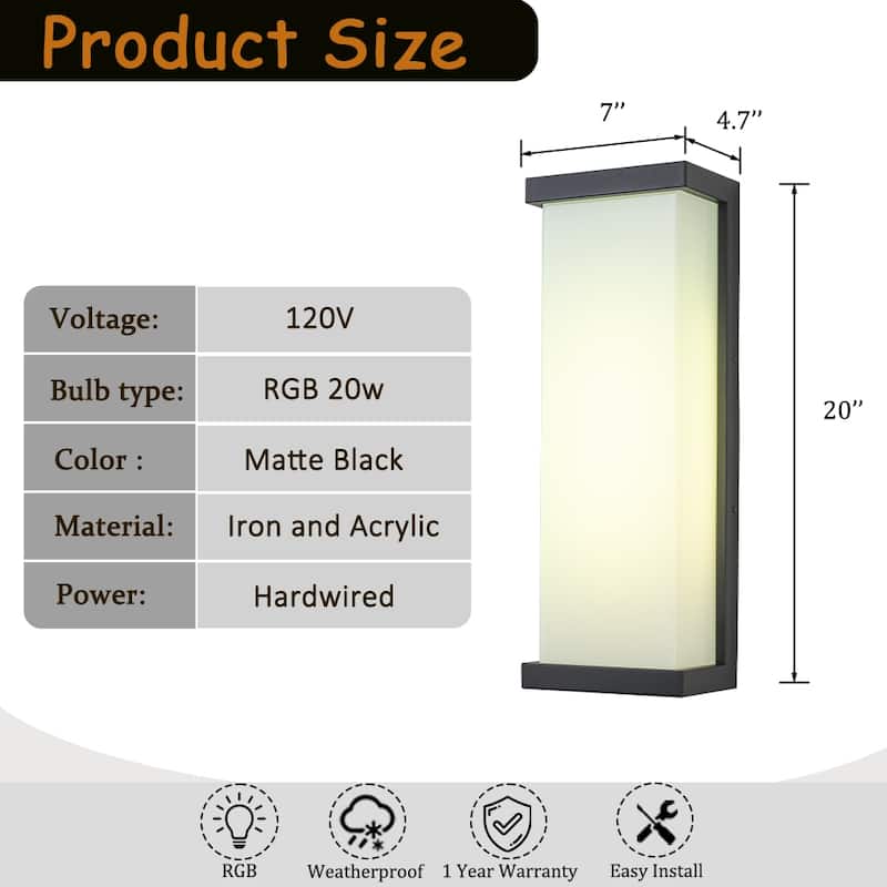 Smart RGB Outdoor Wall Light Modern Large Integrated LED Wall Sconce with Remote and App Control for Porch - W7''