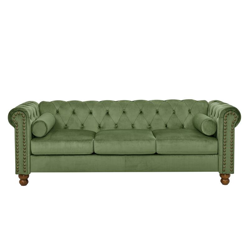 Green 74.5'' Velvet 3 Seater Soft Couch with Tufted Design, Button Tufted Backrest, Scrolled Arms, Turned Legs