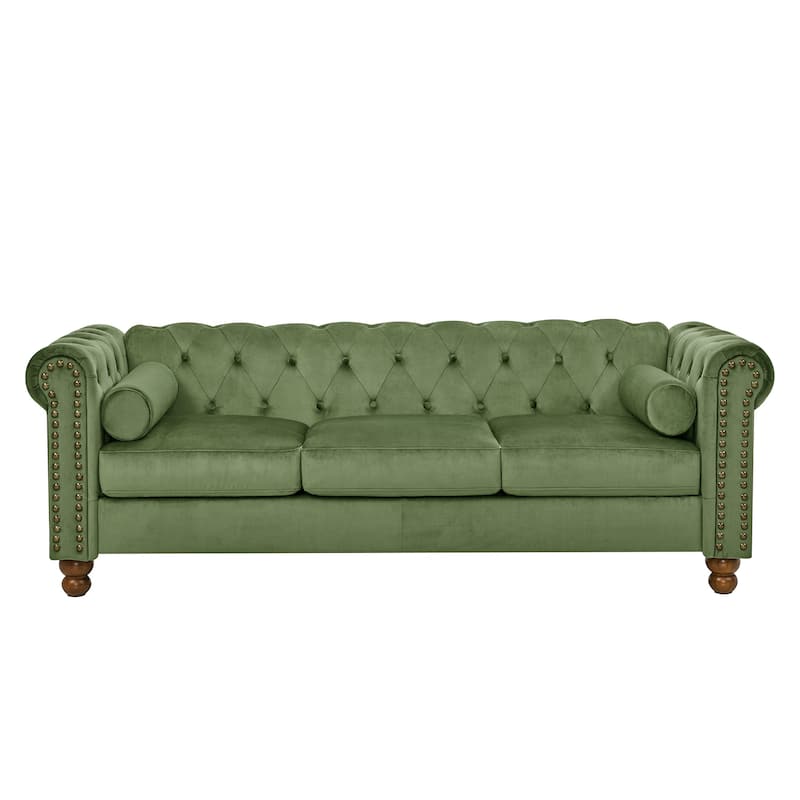 Green Chesterfield 74.5" Button Tufted Upholstered 3-seater Sofa with Nailheads and Pillows for Living Room