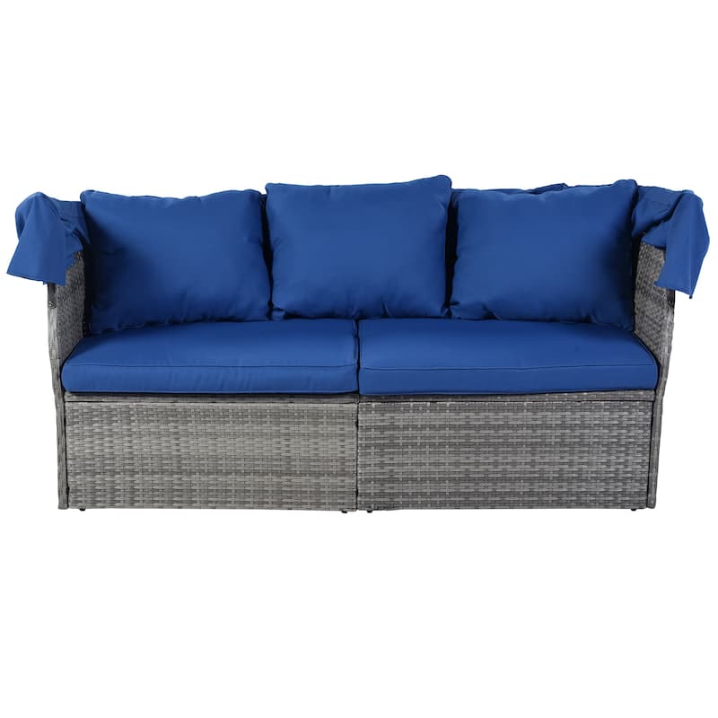 6-Pieces Outdoor Patio Rattan Round Daybed Sunbed Set with Retractable Canopy and Lift Table
