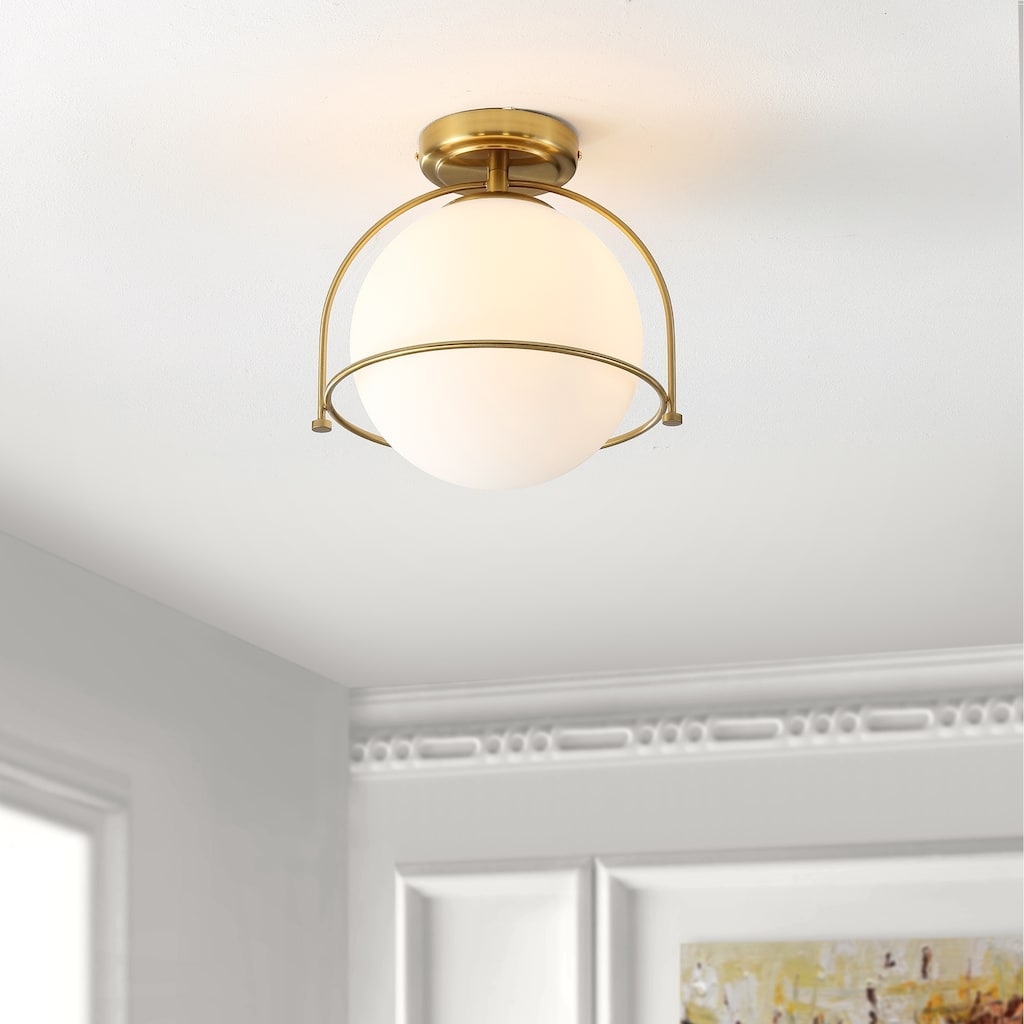 SAFAVIEH Lighting Noreen Flush Mount - 13" W x 11" D x 11" H - Gold/White Glass - 11Wx11Dx11H