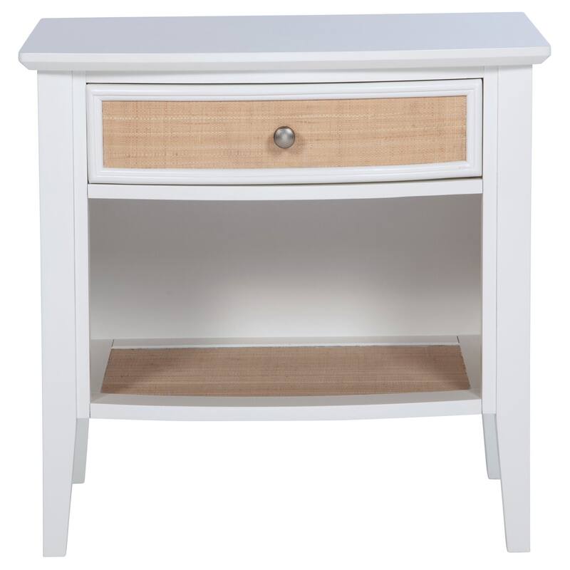 White 1-Drawer Nightstand with Natural Rattan Accents, Felt Lining and Open Shelf for Coastal Modern Style