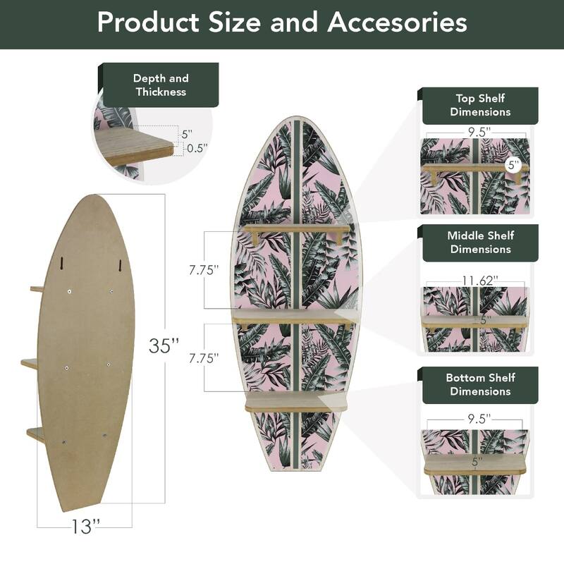 American Art Decor Surfboard Wall Shelf Coastal Beach Themed Decorative Wall Art Storage for Home or Office