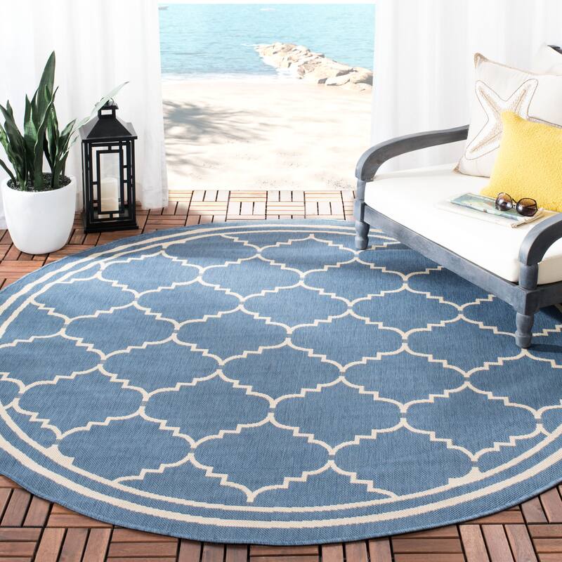 SAFAVIEH Courtyard Celine Indoor/ Outdoor Waterproof Patio Backyard Rug - 6'7" x 6'7" Round - Blue/Beige