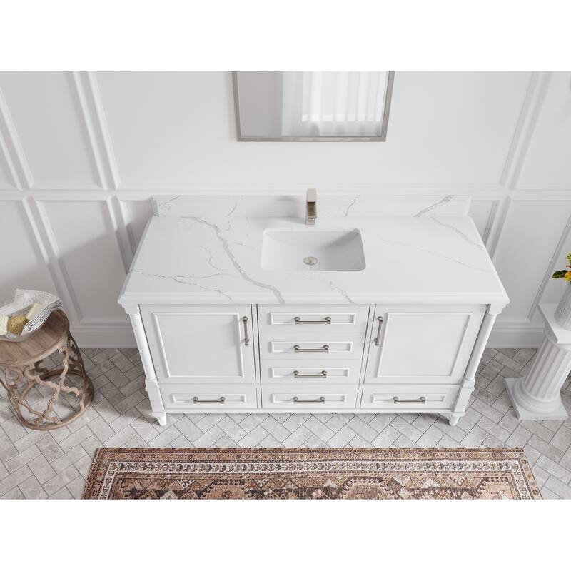 Willow Collections 60 in. W x 22 in. D Aberdeen Single Bowl Sink Bathroom Vanity with Countertop - 1.5" Calacatta Laza - White