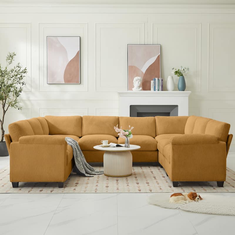 Corduroy Corner Sectional Sofas with Chaise, U-shaped Symmetrical 8-seat Modular Couch