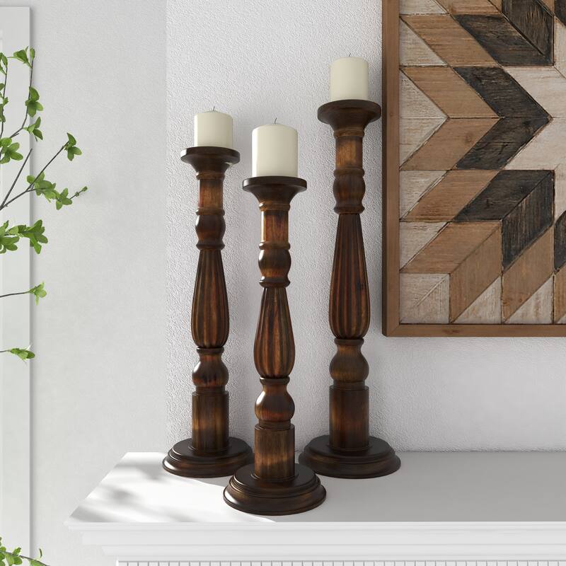Brown Mango Wood Tall Turned Decorative Candle Holder (Set of 3)