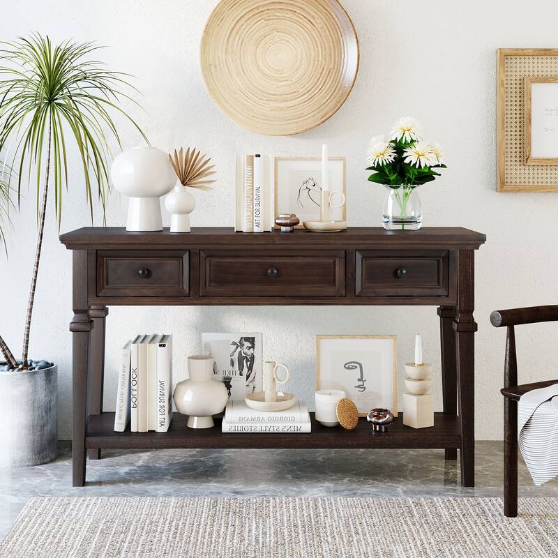 Classic Console Table with 3 Top Drawers and Open Style Bottom Shelf - Espresso