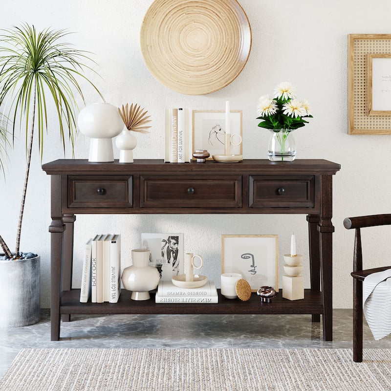 Console Table with Drawers and Open Bottom Shelf