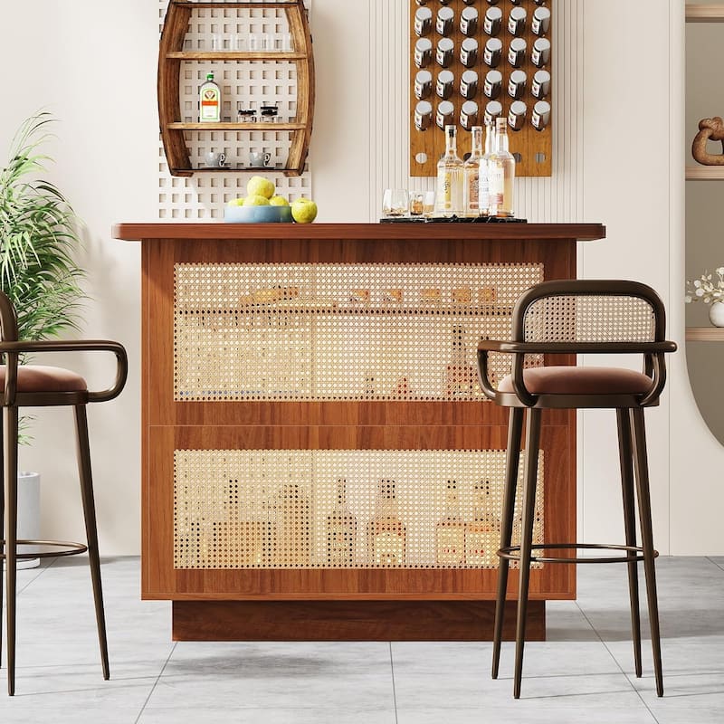 Farmhouse 4-Tier Home Bar Unit, Rattan Bar Table Bar Cabinet for Home Pub