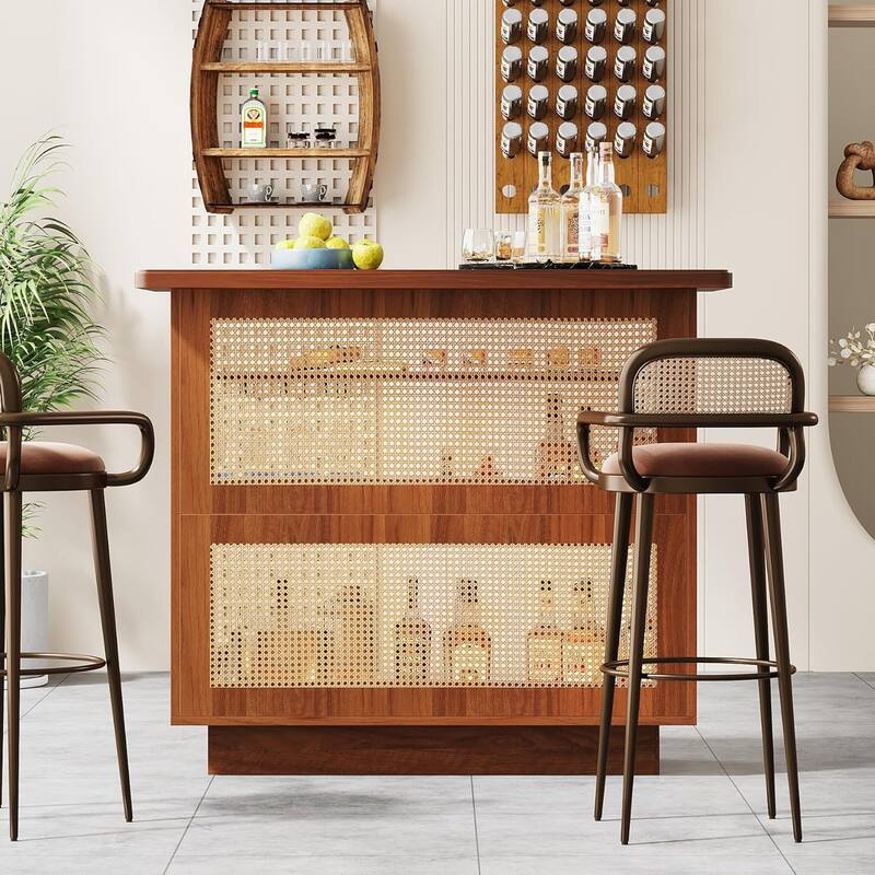 Farmhouse Bar Unit, 4-Tier Rattan Home Bar Table with Stemware Racks