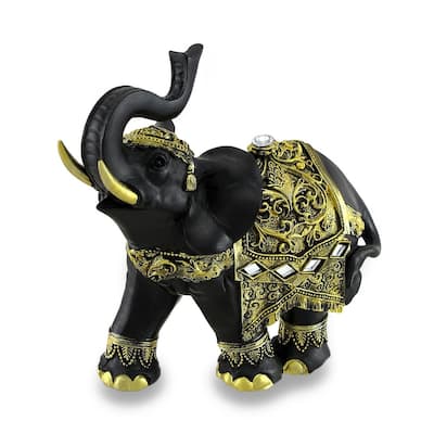 Exotic Black And Gold Finish Trunk Up Thai Elephant Statue - 6 X 6.5 X 3 inches