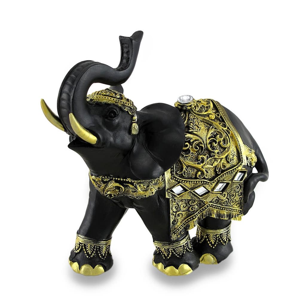 Exotic Black And Gold Finish Trunk Up Thai Elephant Statue - 6 X 6.5 X 3 inches