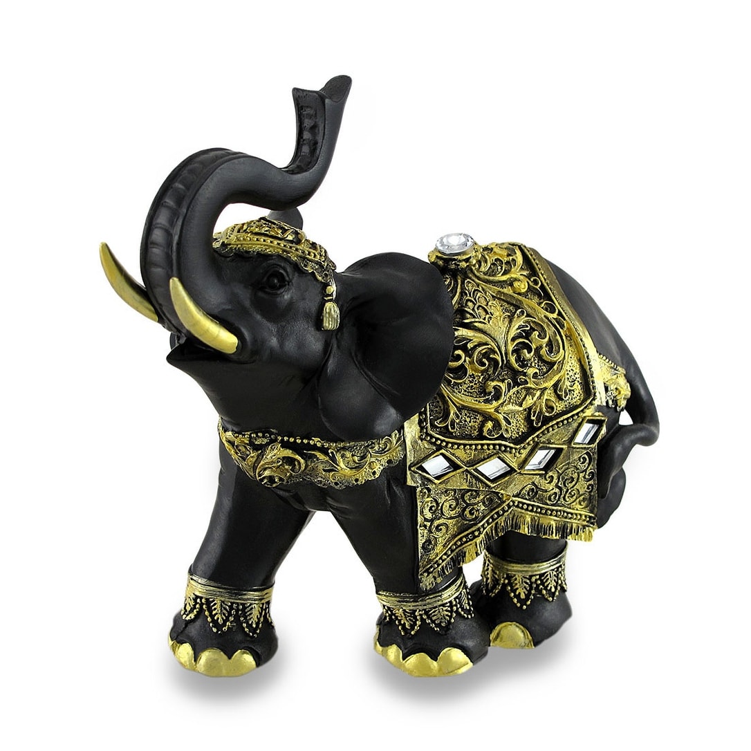Exotic Black And Gold Finish Trunk Up Thai Elephant Statue - 6 X 6.5 X 3 inches