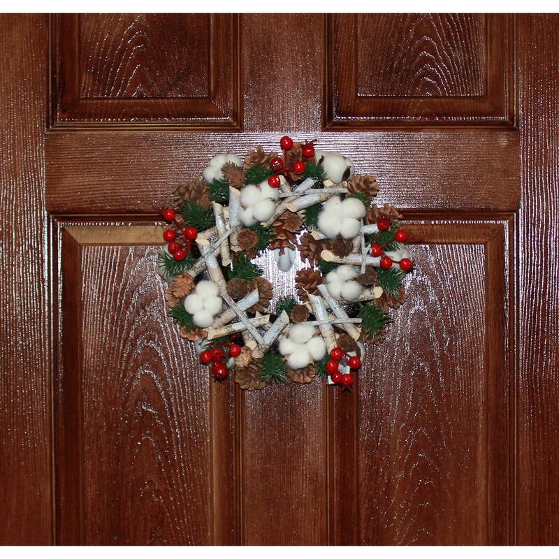 12" Artificial Birch Log Wreath w/ Pine Cones, Cotton & Berries - Multicolor