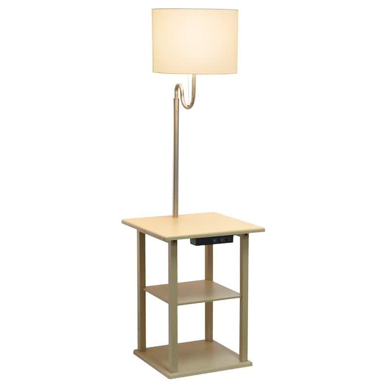 2 Tier End Table Floor Lamp with White Drum Shade - 57" - Tan