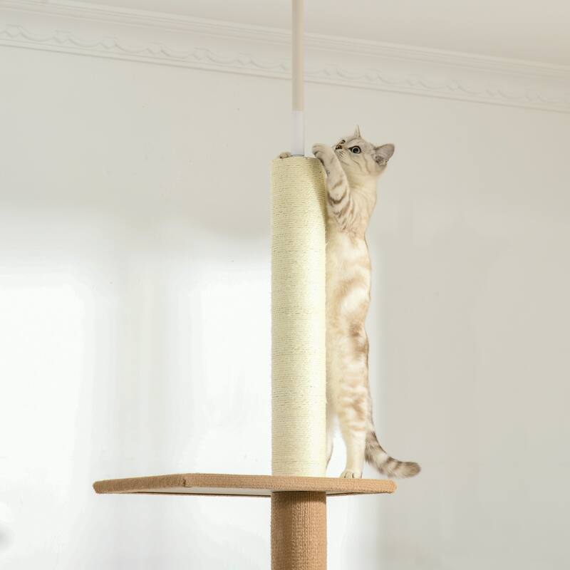 PawHut 89"-102" Floor to Ceiling Cat Tree Cat Climbing Tower, Light brown