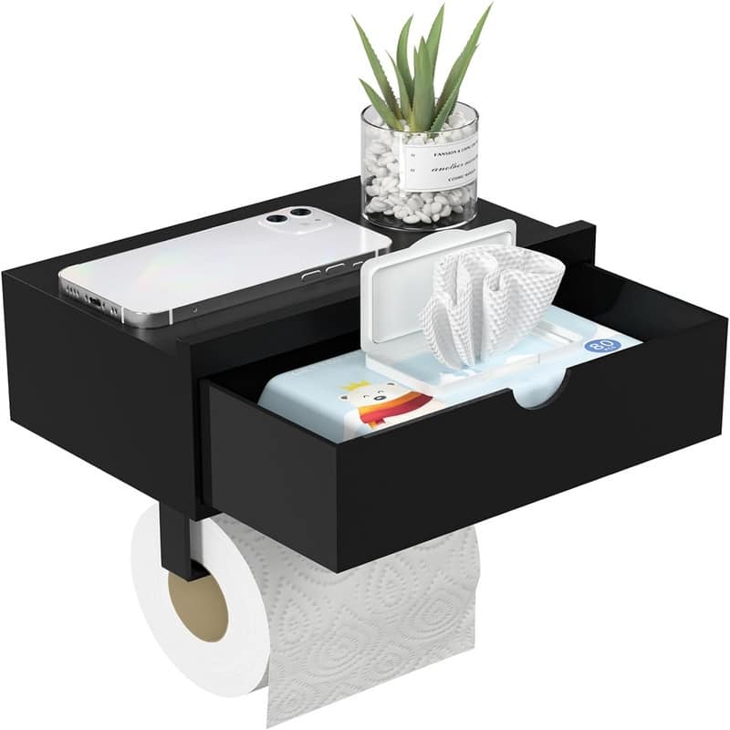 Toilet Paper Holder with Shelf - Wall - 8.39" L X 4.92" W X 2.56" H - Black