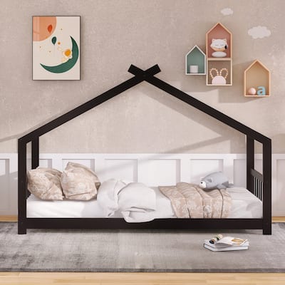 Twin Size House Bed with Roof, Wood Frame, and Play Space