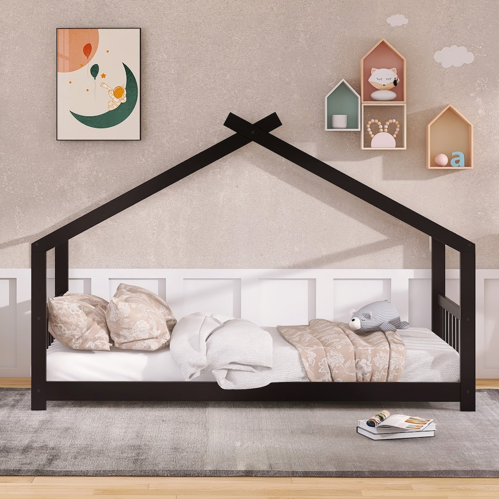 Twin Size House Bed with Roof, Wood Frame, and Play Space