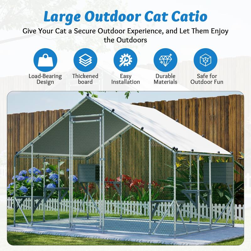 GDFStudio - Large Outdoor Metal Cat Catio Cage with Double Safety Lock & Enhanced Stability, All-Weather Pet Enclosure - 3x2M