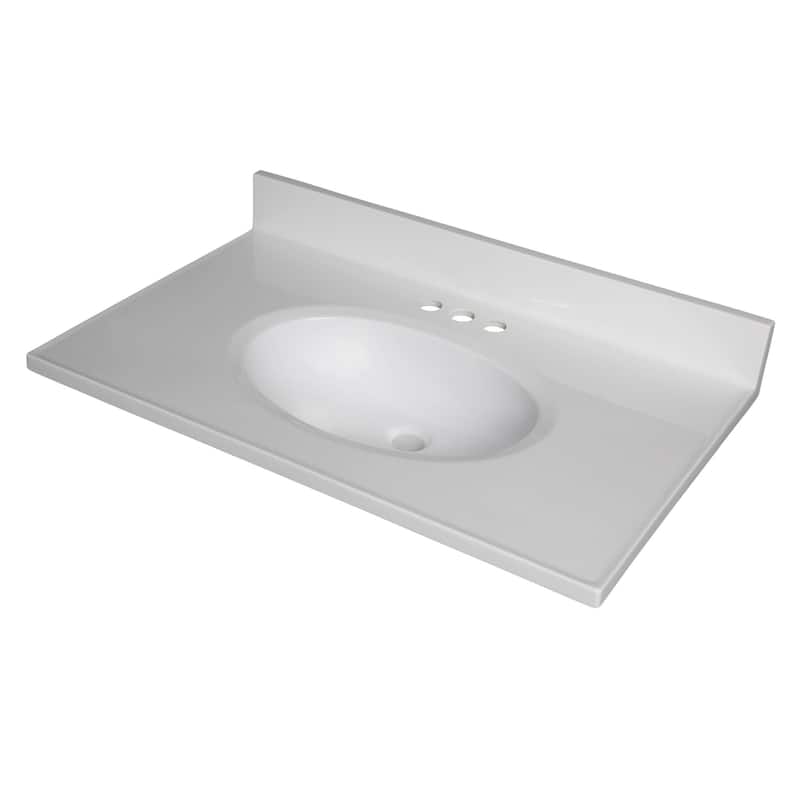 Fine Fixtures White Cultured Marble Top With Integrated Sink, 4" Backsplash and Overflow Included.