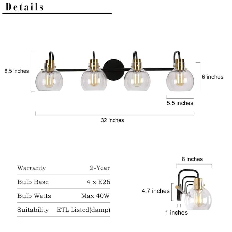 Modern Black Gold 4-Light Linear Bathroom Vanity Lights Globe Glass Wall Sconces - 32" L x 8" W x 8.5" H