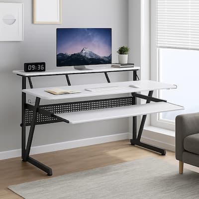 Vion 71 Inch Music Producer Desk for Computer, White, Keyboard Tray
