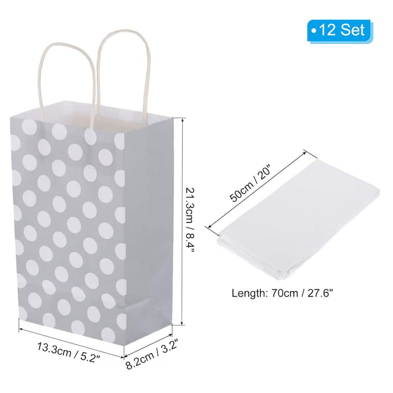 12Pcs 5.2"x3.2"x8.4" Favor Gift Bags with White Tissue Paper, Dotted - Grey