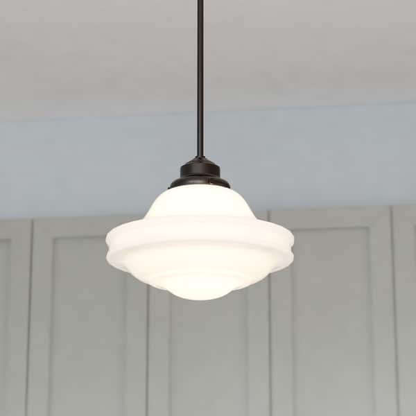 slide 2 of 11, Huntley 1 Light Farmhouse Schoolhouse Pendant White Glass Oil Rubbed Bronze - 12-in W x 14.75-in H x 12-in D