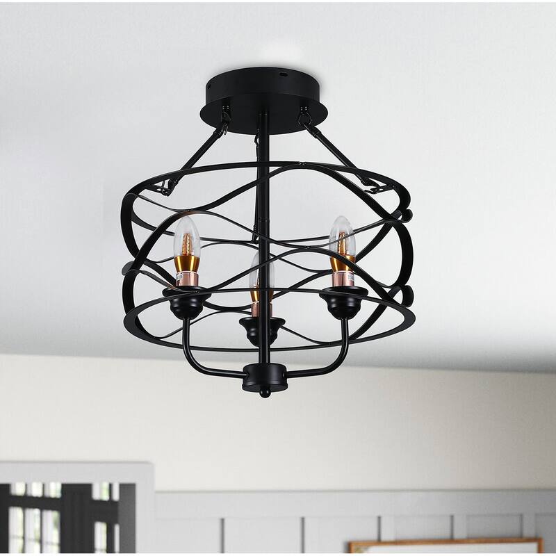 Modern Black Iron Frame 3-Light Semi Flush Mount Lighting Fixture