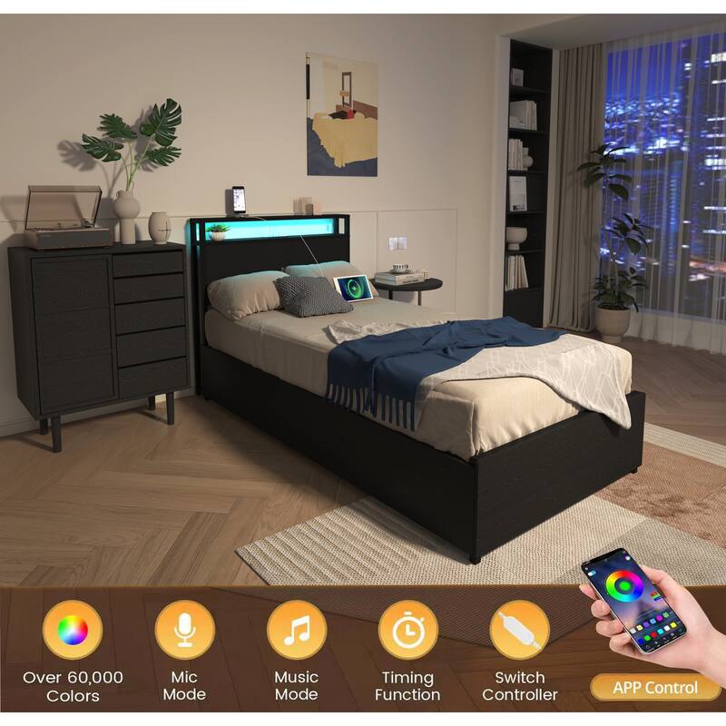 Twin Bed Frame with Storage Headboard, Charging Station, LED Lights, and 4 Storage Drawers - No Box Spring Needed