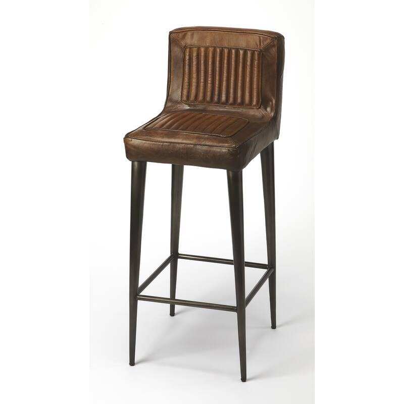 Maxwell 32 in. Seat Height Leather and Iron Bar Height Stool with Back