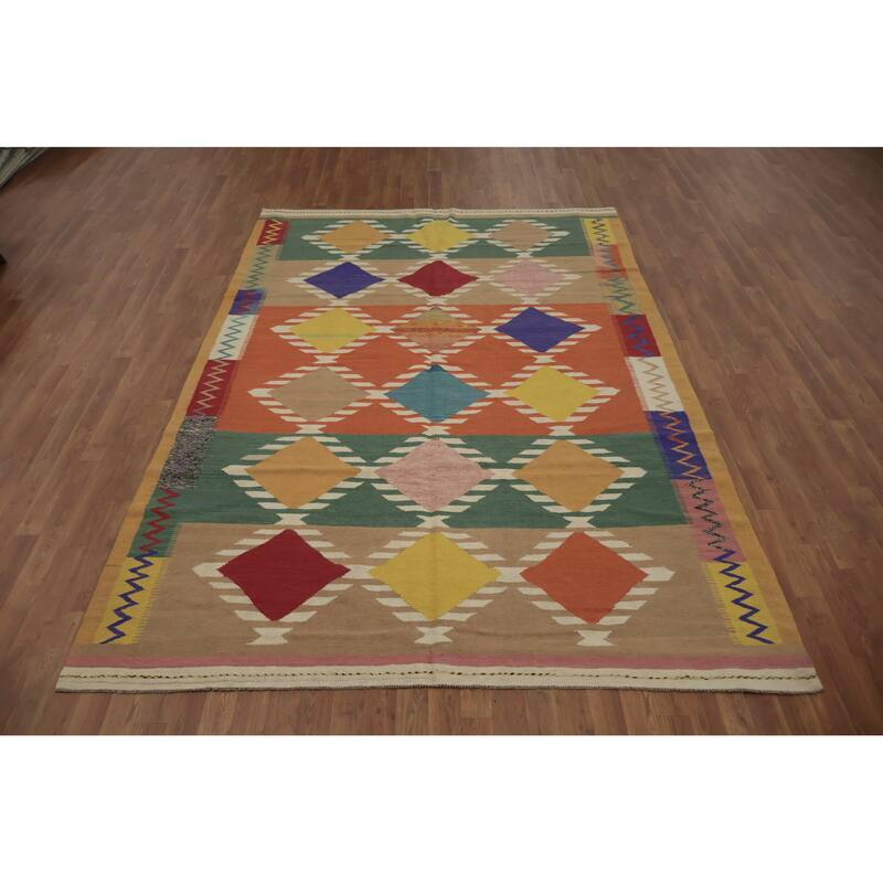 Hand Woven Oriental 100% Wool Carpet Southwestern Modern Multi-Colored Kilim Area Rug - 9' 9'' X 6' 8''