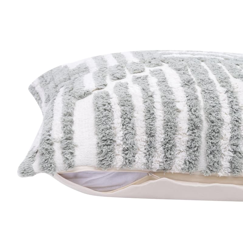 Handmade Abstract Geometric Shag Square Decorative Throw Pillow - 22" - Green and White