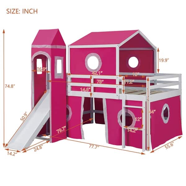 dimension image slide 0 of 4, House Low Loft Bed with Slide & Tent Solid Wood Kids Loft Bed Frame with Tower and Ladders for Kids Teens Boys & Girls