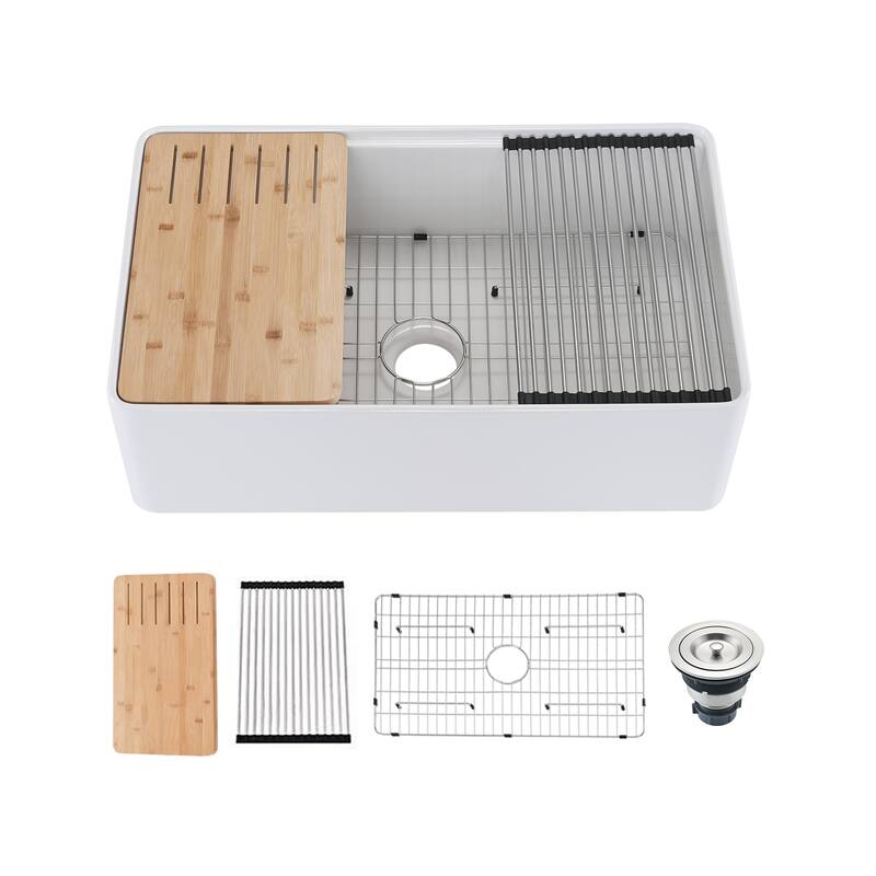 Dornberg Fireclay 30" L X 20" W Workstation Farmhouse Kitchen Sink With Accessories - White