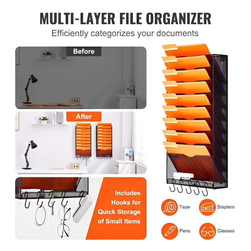 Wall-Mounted File Organizer, 10-Pocket Mesh Rack for Documents, Magazines & Mail - 12.60 x 4.13 x 25.59 in